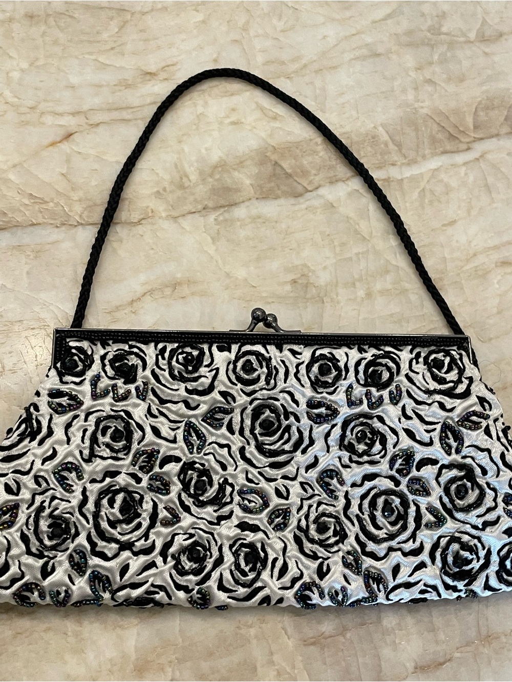 Black & White Floral Beaded Evening Clutch